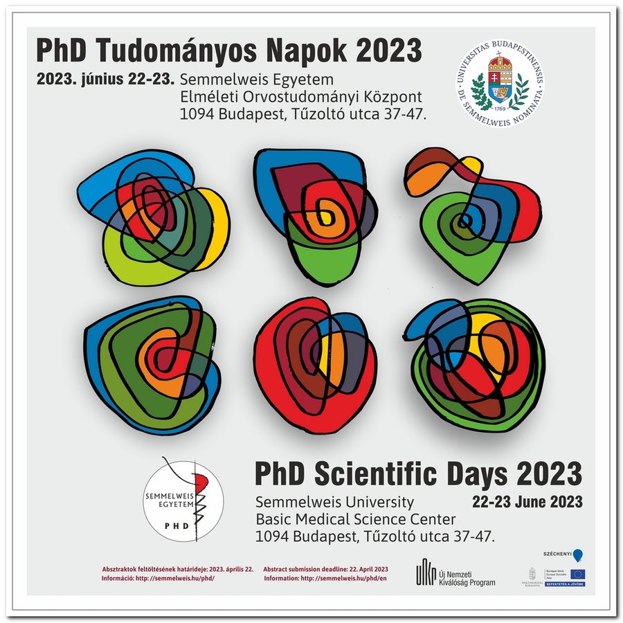 A graphic with six colorful circles, Semmelweis University logos and the text "PhD Scientific Days 2023, 22-23 June 2023, Semmelweis University, Basic Medical Science Center, 1094 Budapest, Züzoltó utca 37-47".