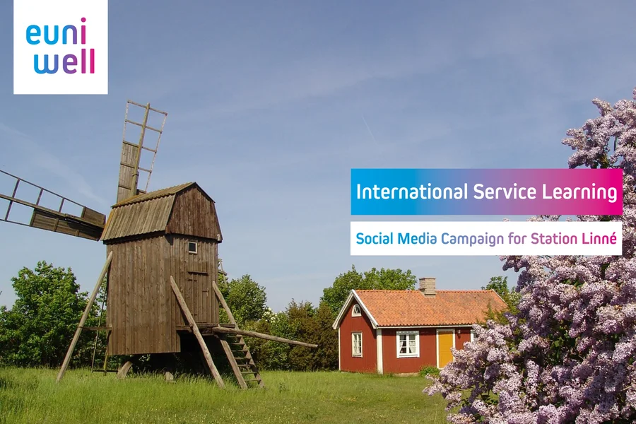 Graphic for EUniWell showing a traditionally Swedish windmill and red house in a rural landscape, with a blooming lilac bush. The EUniWell logo is in the top left corner. Overlay text states 'International Service Learning, Social Media Campaign for Station Linné' in a blue and pink text box.