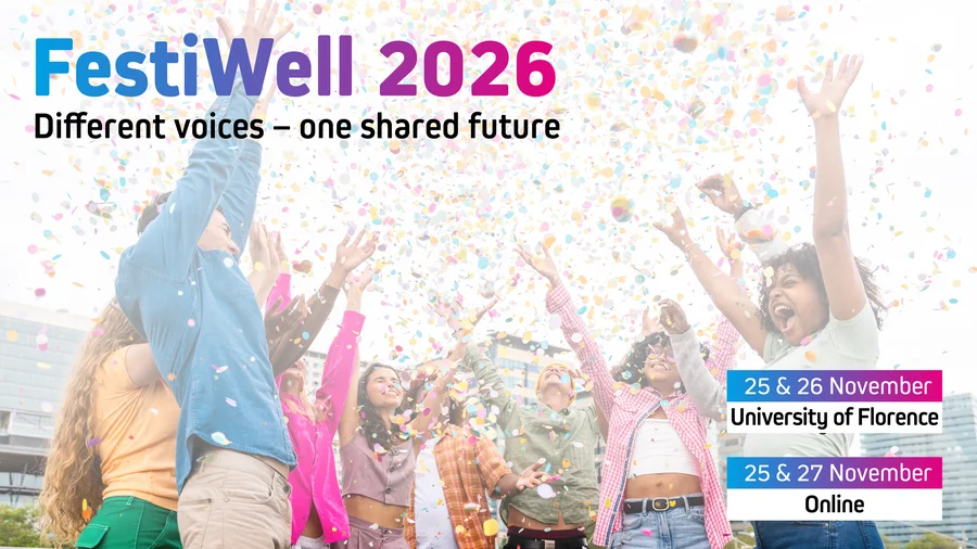 FestiWell 2026 promotional banner showing young people celebrating beneath colourful confetti. The slogan reads ‘Different voices – one shared future’. The event takes place at the University of Florence on 25 and 26 November and online on 25 and 27 November.