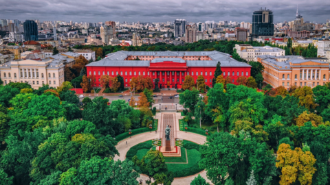 A photograph of the Taras Shevchenko National University of Kyiv main building.