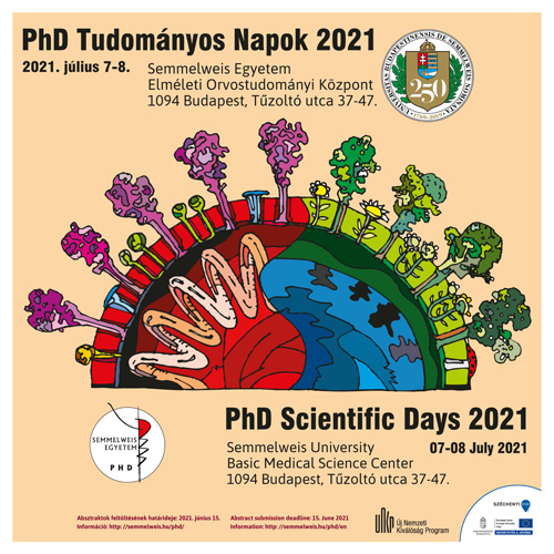The image shows a colourful graphic that resembles a skull with a brain and various plants growing out of it. At the top and bottom of the image is information about the Semmelweis PhD Scientific Days 2021 in Hungarian and English.